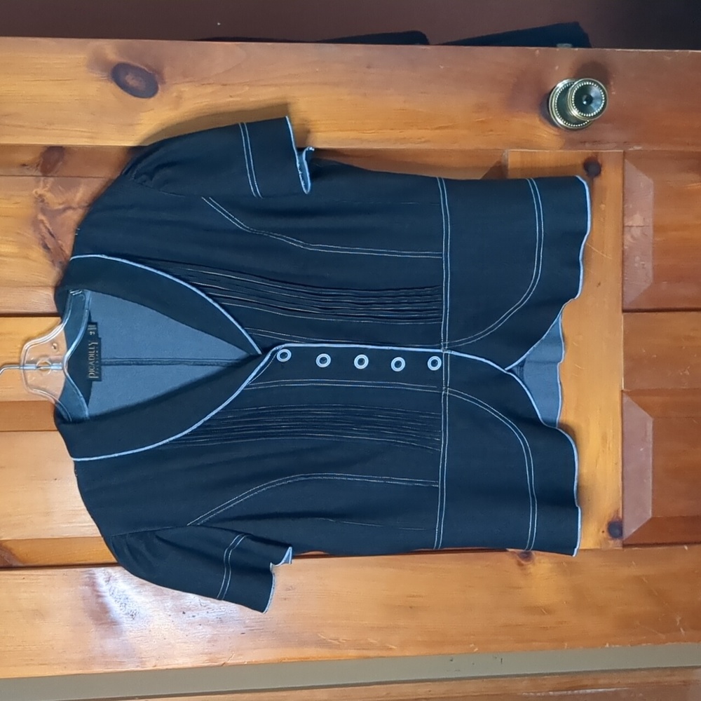 PICADILLY* 2pc jacket/top & skirt set. Short sleeve button front, rivet detail